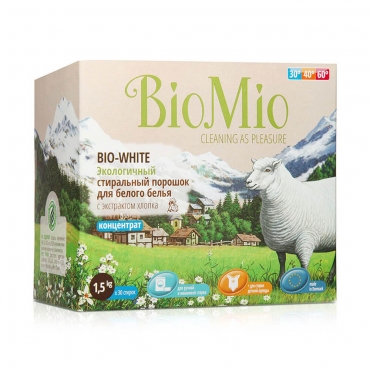 Экологичный стиральный порошок для белого белья с экстрактом хлопка без запаха BioMio, 1500 гр